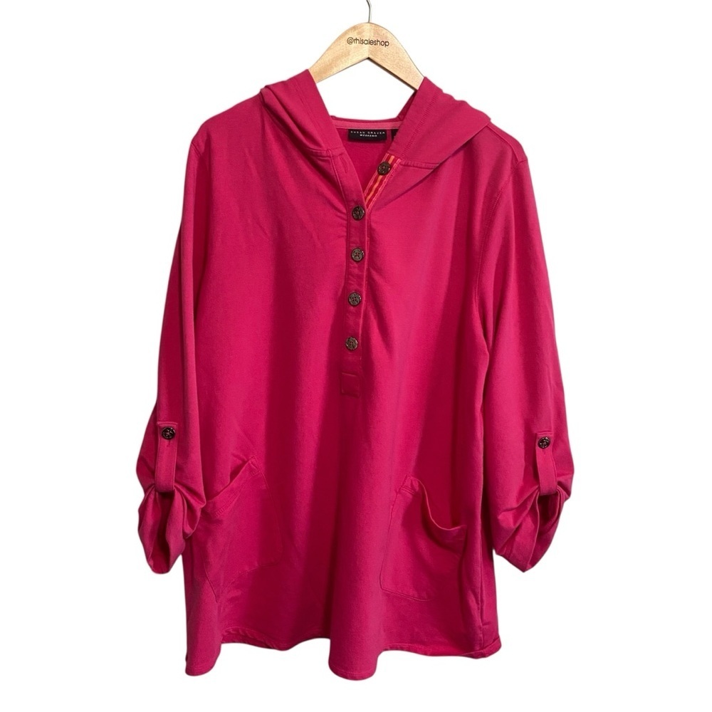 Susan Graver Pink Weekend French Terry Pink Henley Roll Tab Pocket Top XL